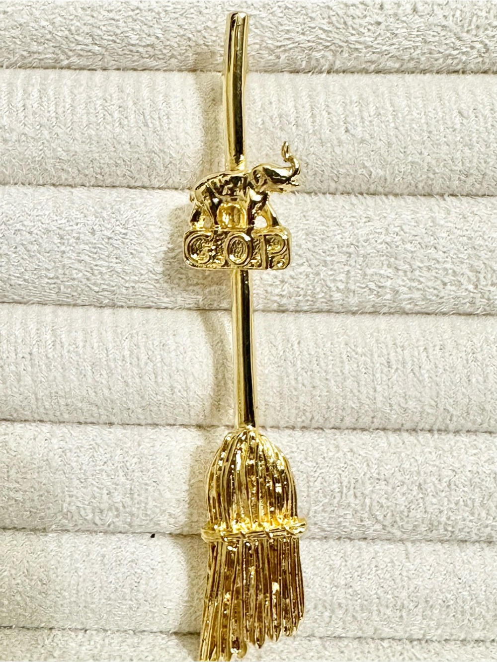 Vintage Gold Plated GOP Republican Elephant "Clean Sweep" Broom Brooch